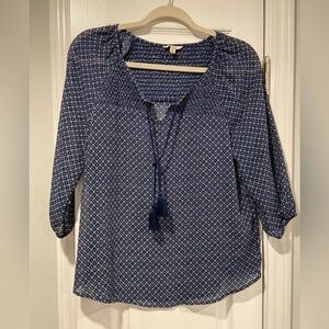 Sonoma Size MP Blue White Smocked V Neck Long Sleeve Sheer Tassel Peasant Blouse